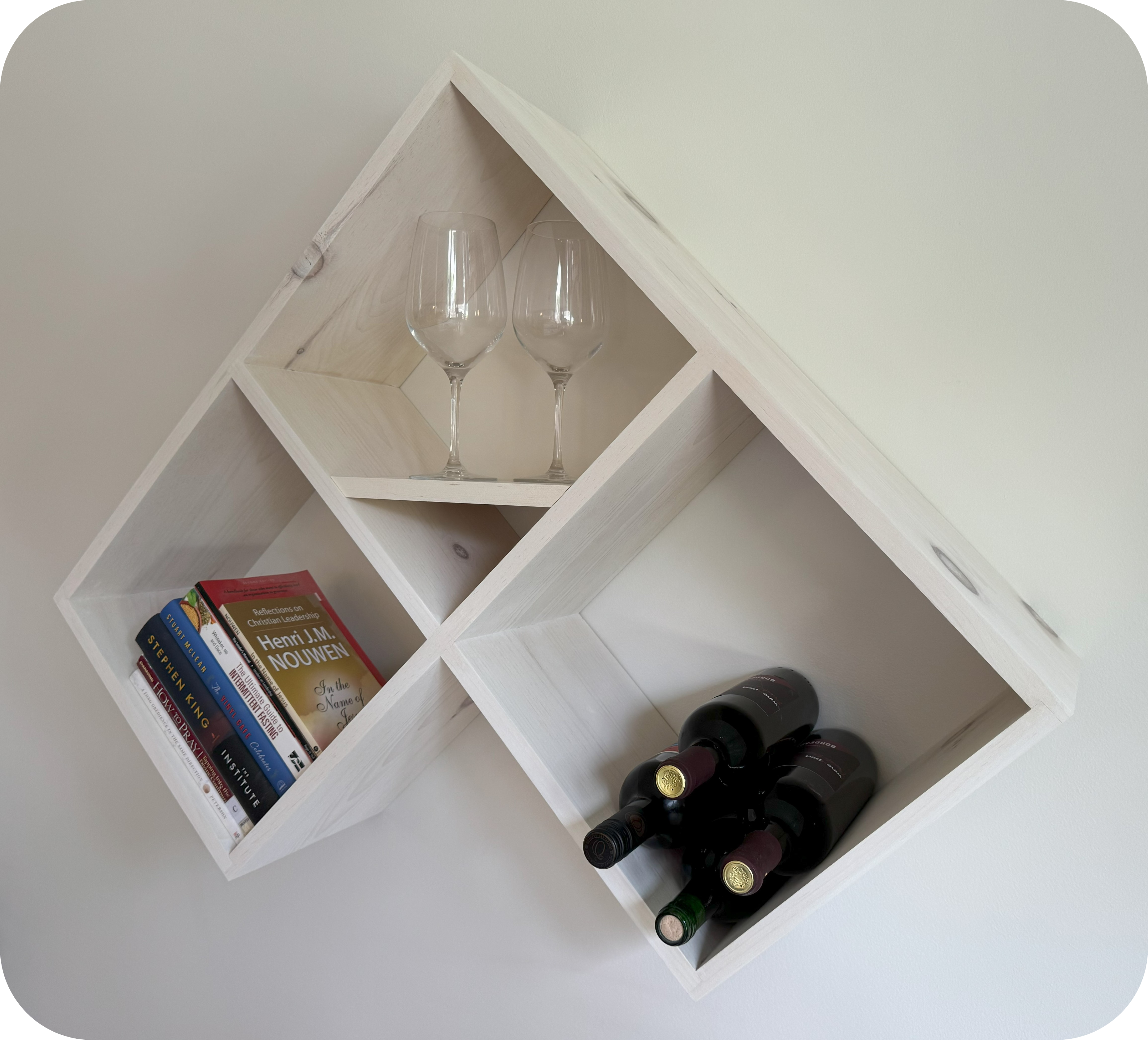 Whitewashed pine wall mounted shelves