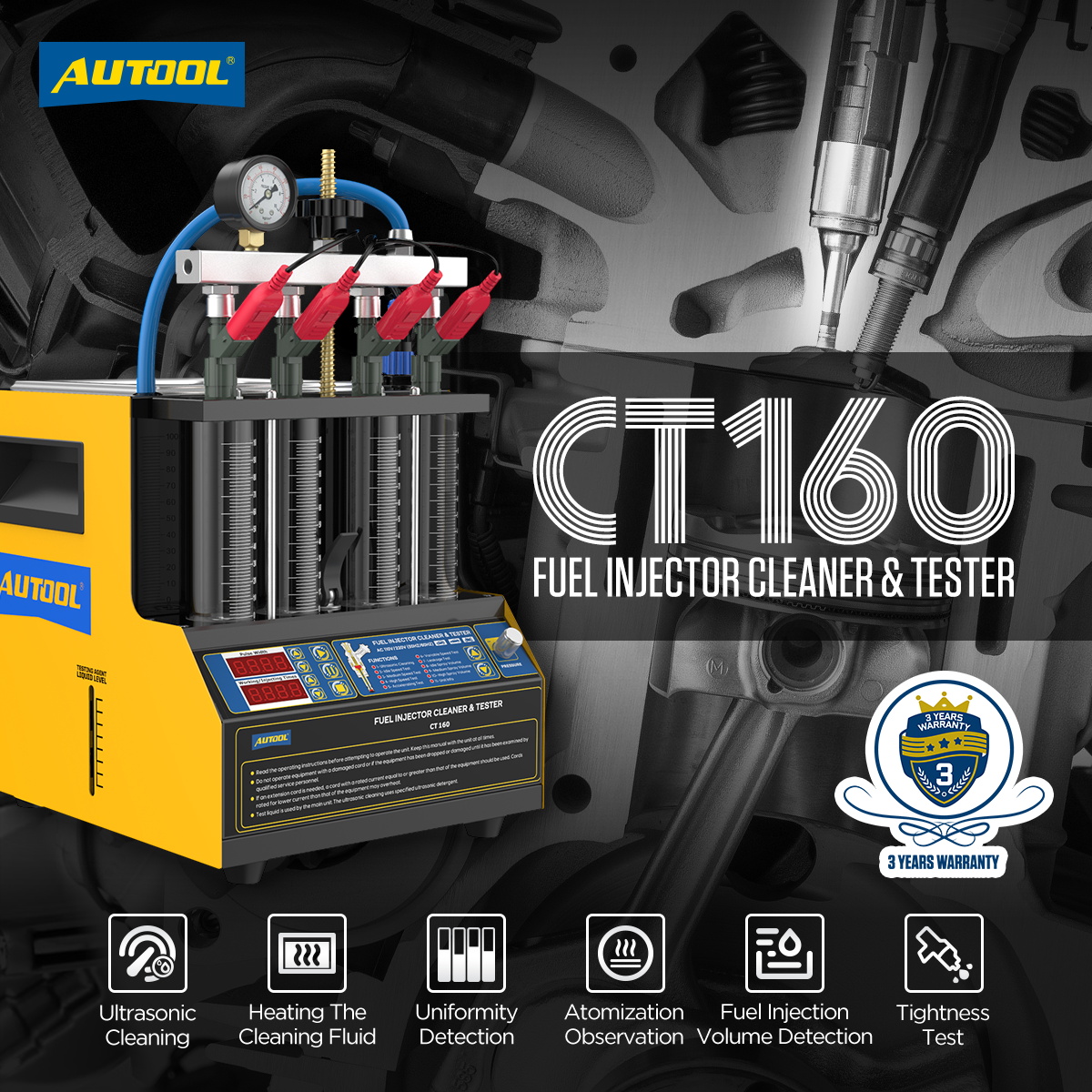 AUTOOL CT160 Car Fuel Injector Heating Ultrasonic Cleaning Machine Motorcycles Fuel Injector Tester Check Leaking Blocking