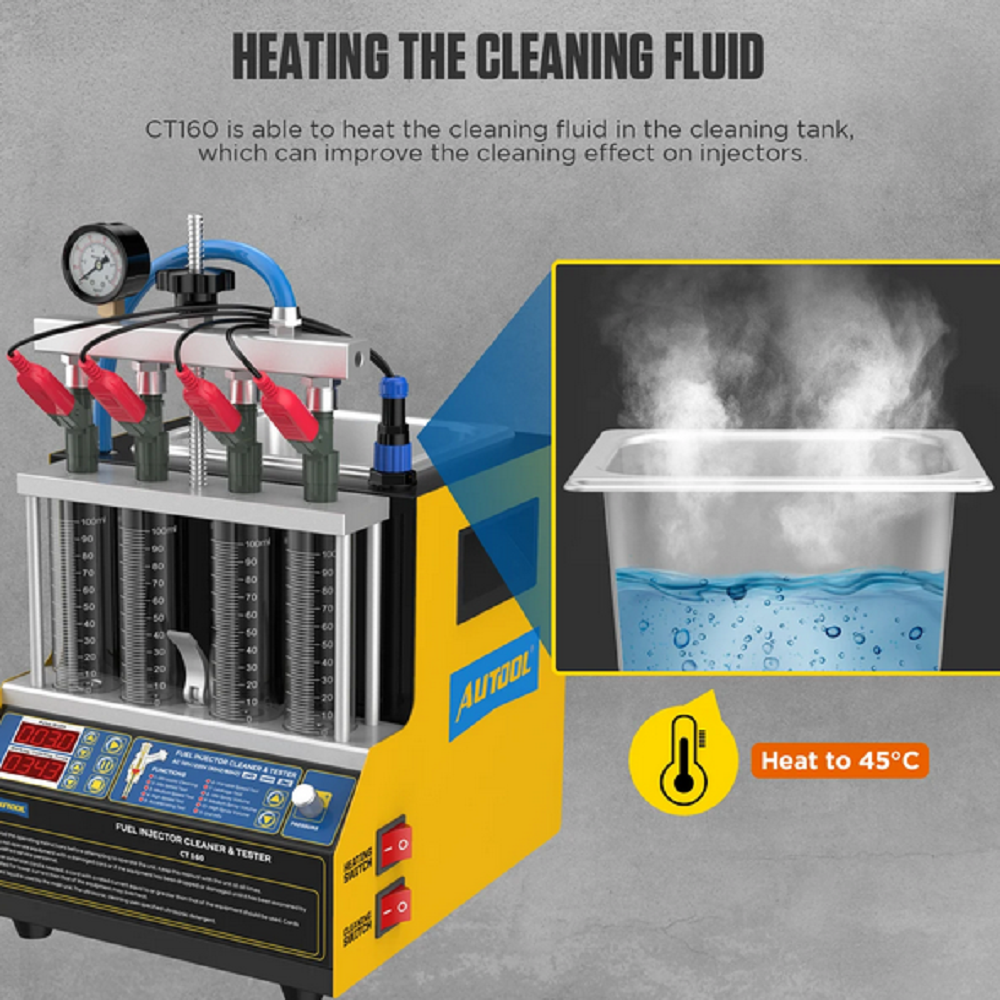 AUTOOL CT160 Car Fuel Injector Heating Ultrasonic Cleaning Machine Motorcycles Fuel Injector Tester Check Leaking Blocking