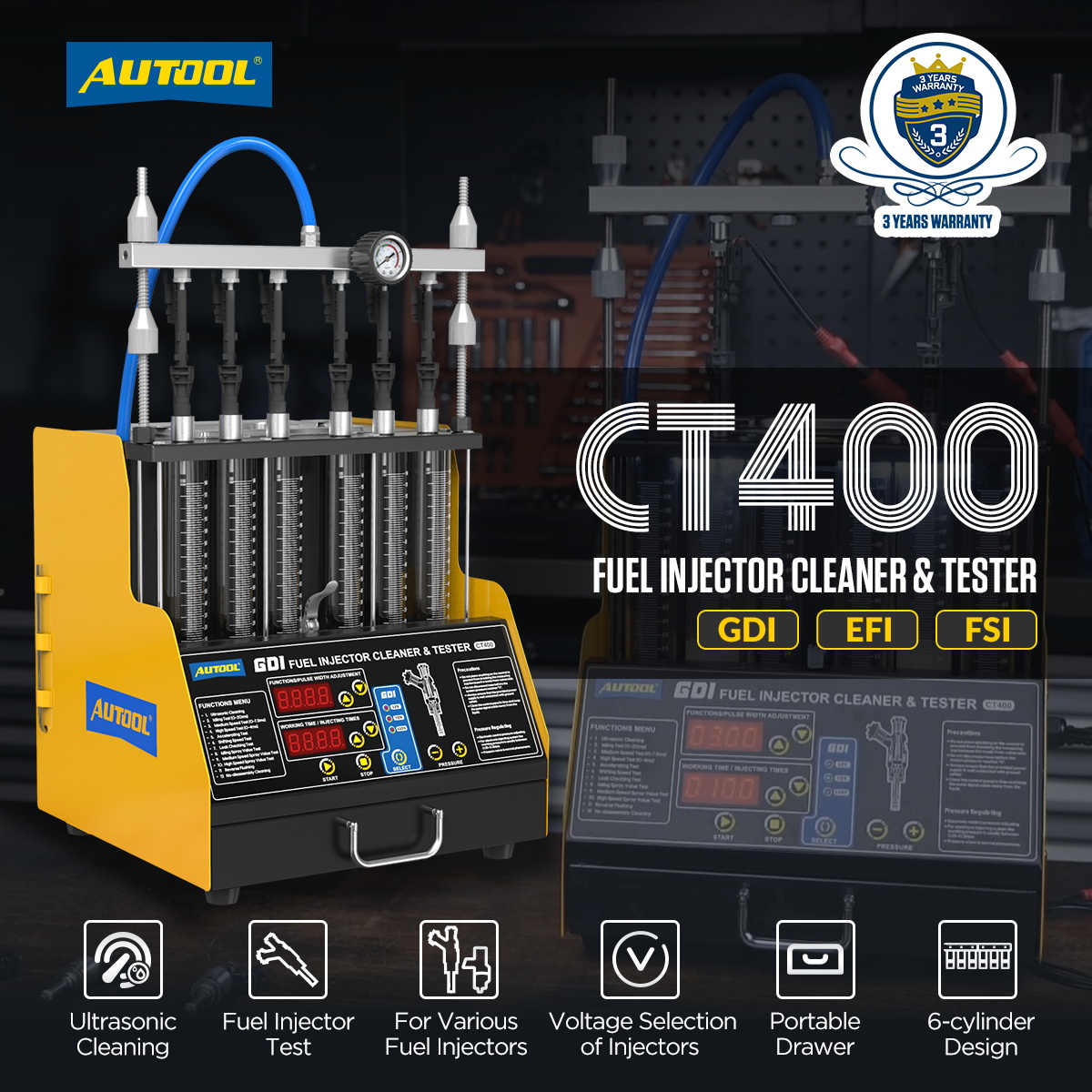Autool CT400 GDI EFI FEI Fuel Injector Cleaner & Tester Machine 6 Cylinders Fuel Injector Cleaner Tester for Car & Motorcycle