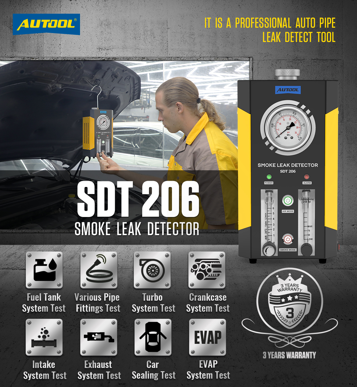 Autool SDT206 Upgraded Car Smoke Leak Detector Exhaust Smoke Meter Machines Leak Locator Automotive Diagnostic Of Pipe Systems