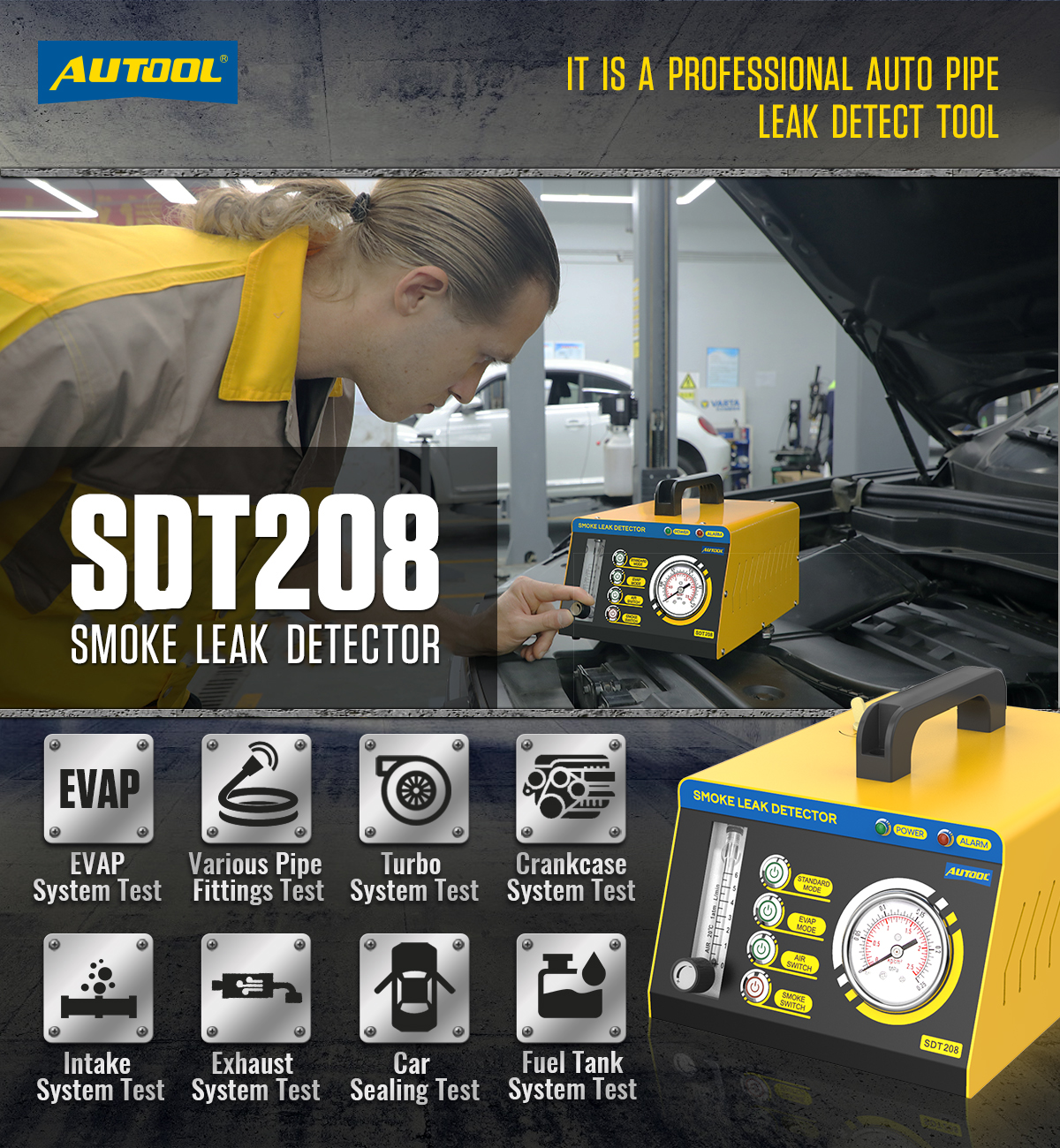 Autool SDT208 Car Smoke Leak Detector EVAP System Tester for Turbochanged Vacuum Exhaust Cooling System Pipeline Leakage Tester