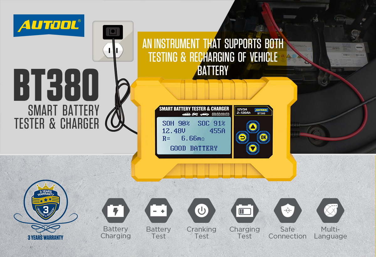 Autool BT380 12V Car Battery Tester Pulse Repair 3A Battery Charger Power Bank Wet Dry AGM Gel Lead Acid Repair Tool PK KW510