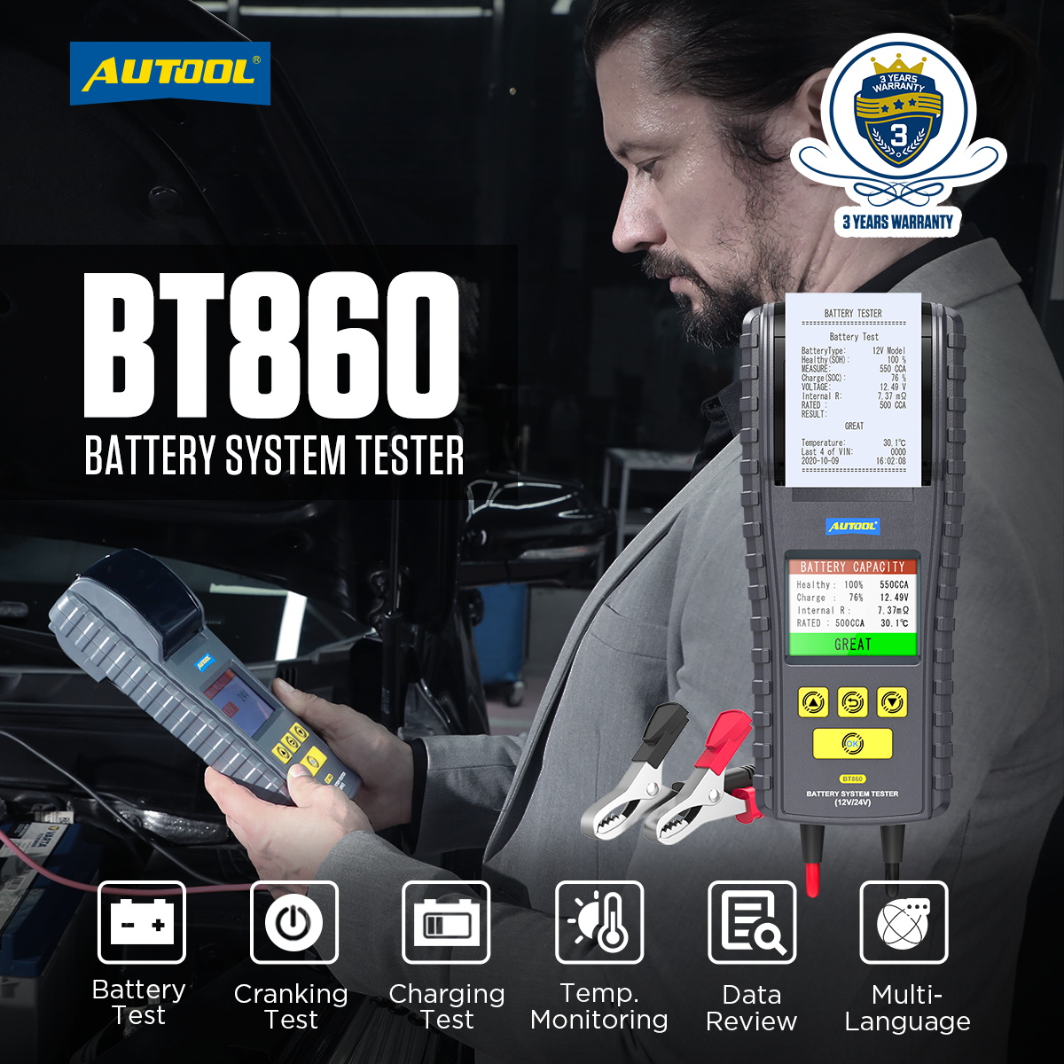 Autool BT860 24V Car Battery Tester with Printer Tests Battery Capacity Startup Monitoring and Charging System Diagnostics