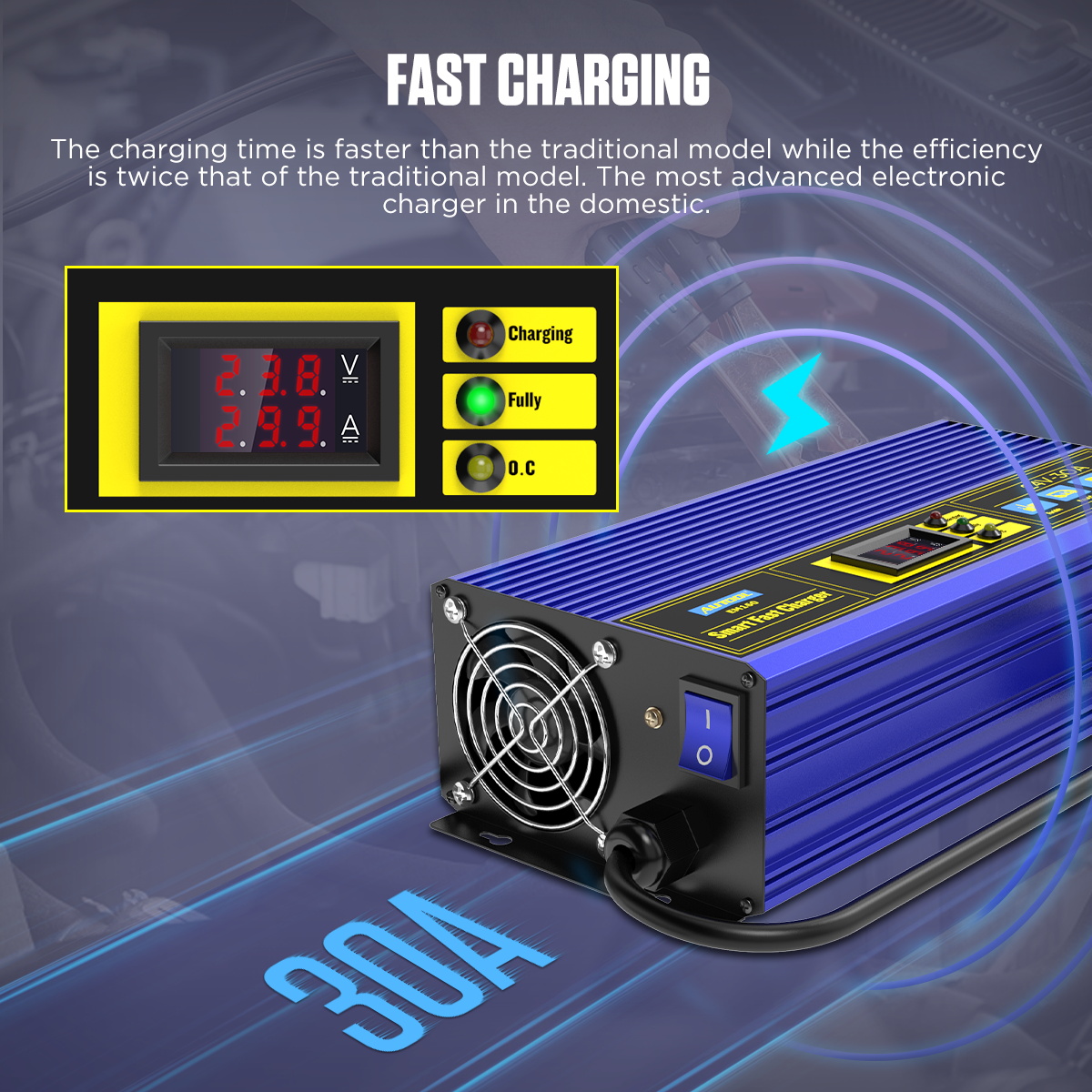 AUTOOL EM160 Car Charger Fully-Automatic Smart Car Fast Charger 24V 30A for Forklift Club Car Golf Cart 200AH-300AH Fast Charger