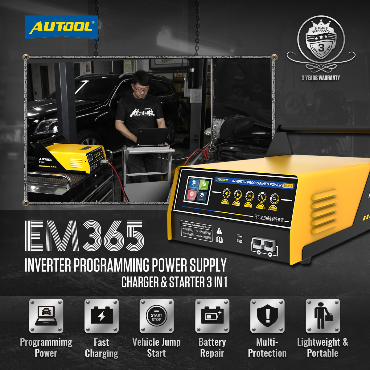 AUTOOL EM365 150A Automotive Inverter Programming Power Supply ECU Emergency Start Voltage Regulator Intelligent Battey Charger