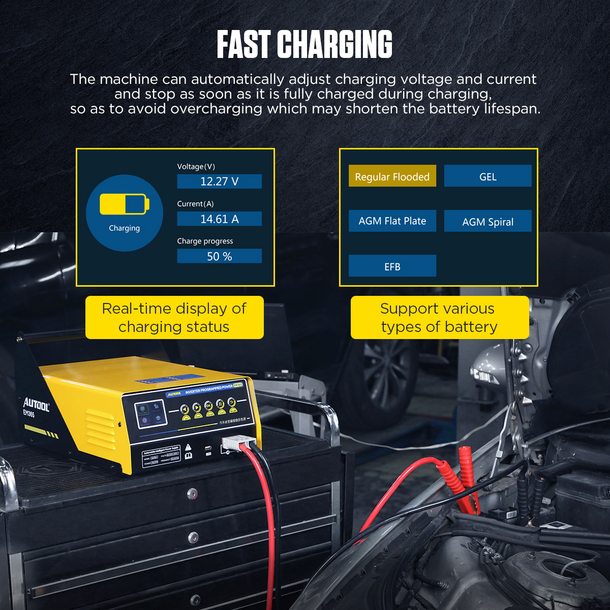 AUTOOL EM365 150A Automotive Inverter Programming Power Supply ECU Emergency Start Voltage Regulator Intelligent Battey Charger