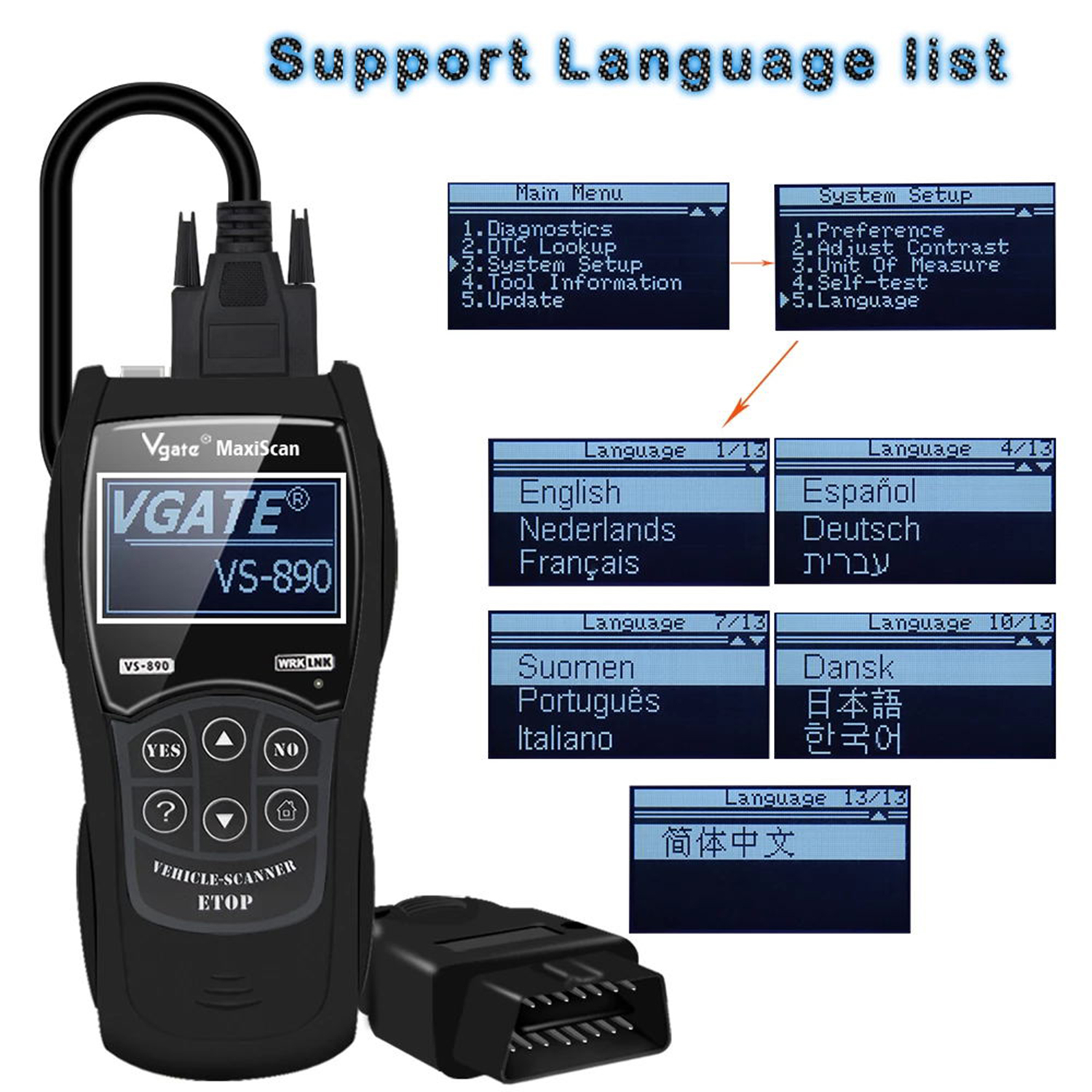 10Pcs/lot Vgate VS890 OBD2 Code Scanner Code Reader Universal Support Multi-language Vgate VS 890 Car Diagnostic Tool