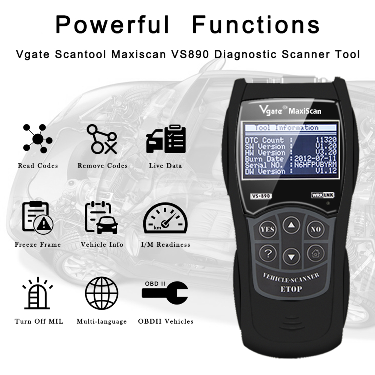 10Pcs/lot Vgate VS890 OBD2 Code Scanner Code Reader Universal Support Multi-language Vgate VS 890 Car Diagnostic Tool