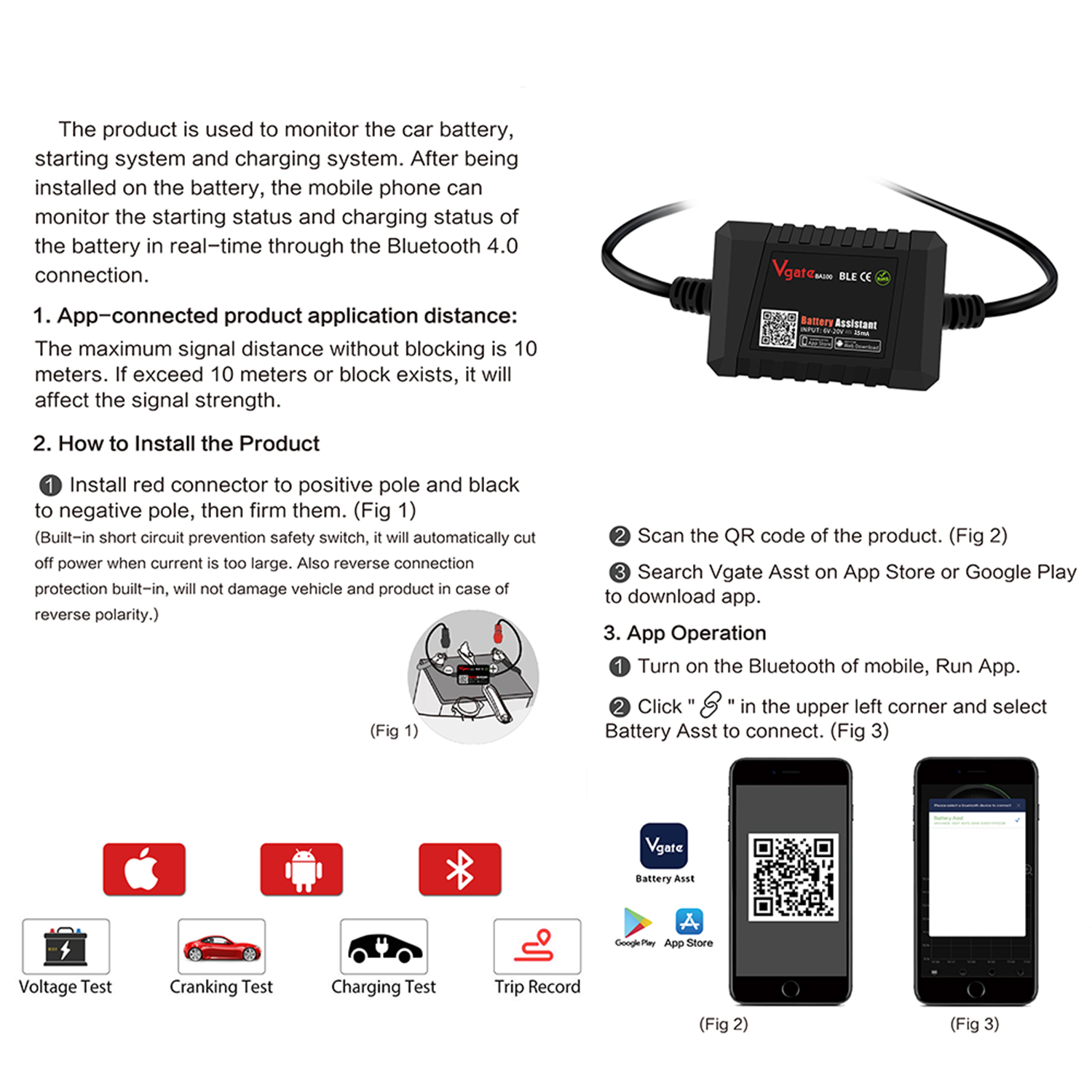 10Pcs/lot Vgate Battery Asst 12V Bluetooth Diagnostic Analyzer Monitor for Android & iOS Device
