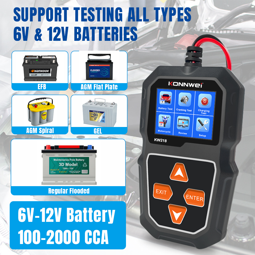 Konnwei KW218 Car Motorcycle Battery Tester 6V 12V With 2.4 inch Colorful Screen