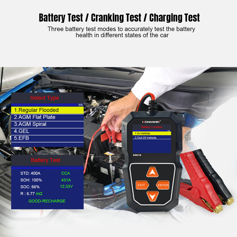 Konnwei KW218 Car Motorcycle Battery Tester 6V 12V With 2.4 inch Colorful Screen