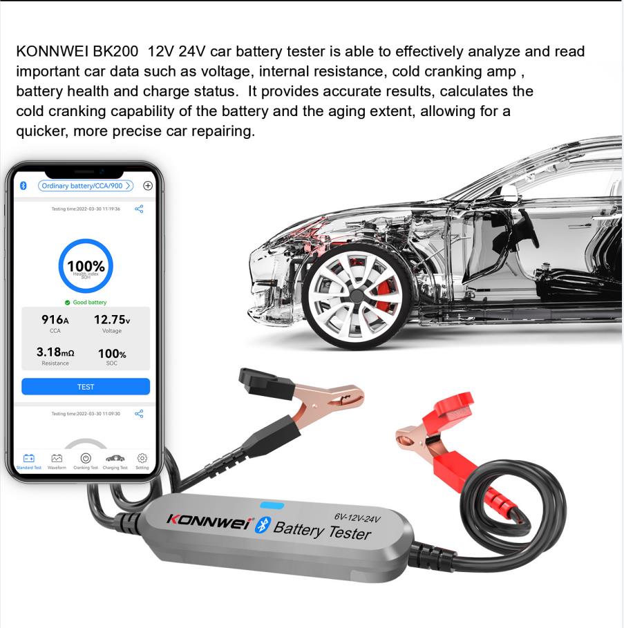 KONNWEI BK200/BK100 car motorcycle truck bluetooth battery tester 6V 12V 24V compatible with android and iOS Free APP on phone