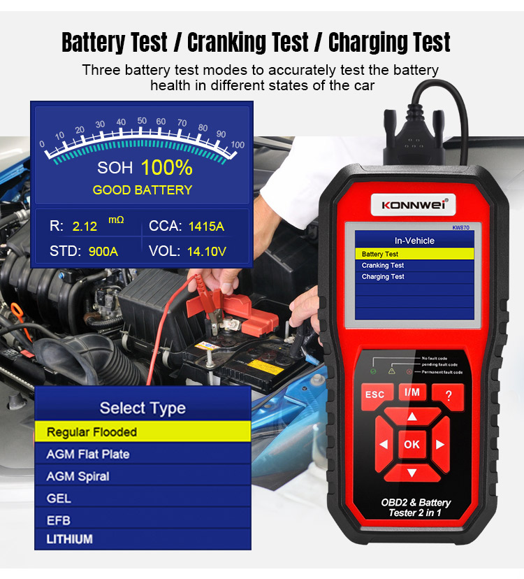 KONNWEI KW870 Car and Motorcycle Battery Tester 6V 12V OBDII Automatic Diagnosis Scanner 2-in-1 Comprehensive Product