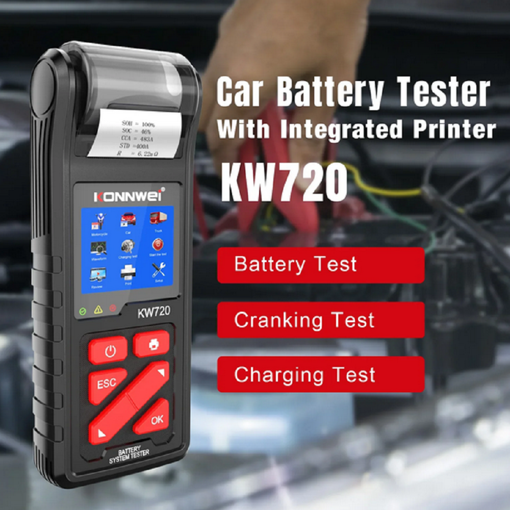 KONNWEI KW720 6V/12V/24V Motorcycle Car Truck Battery Tester Battery Analyzer Charging Cranking Test Tools with Built-in Printer