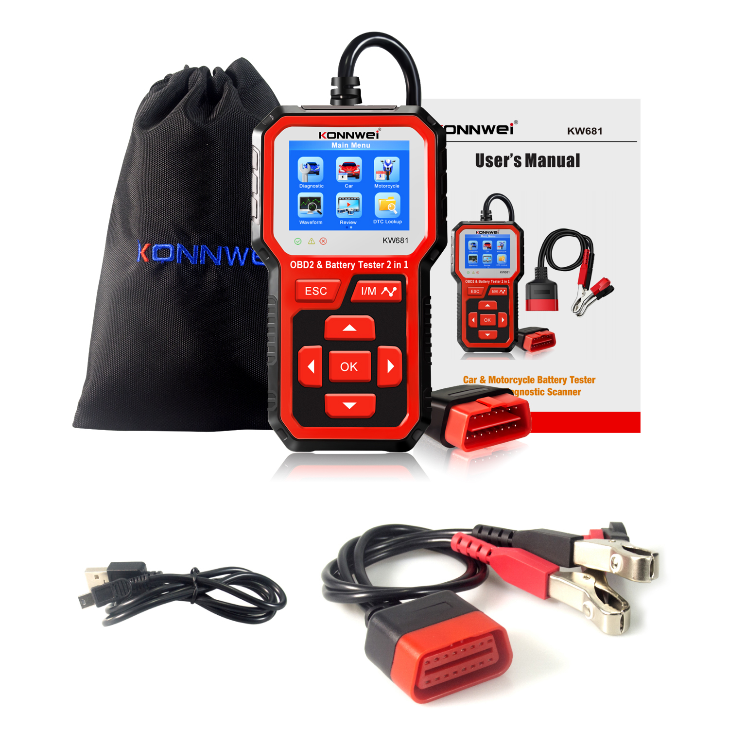 KONNWEI KW681 6V 12V Car Motorcycle Battery Tester Auto Diagnostic Tool 2 in 1 2000 CCA Auto OBD2 EOBD Code Reader Scanner