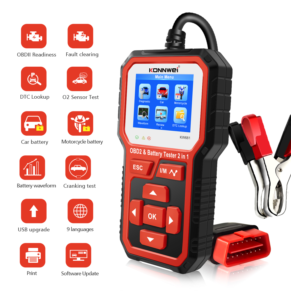 KONNWEI KW681 6V 12V Car Motorcycle Battery Tester Auto Diagnostic Tool 2 in 1 2000 CCA Auto OBD2 EOBD Code Reader Scanner