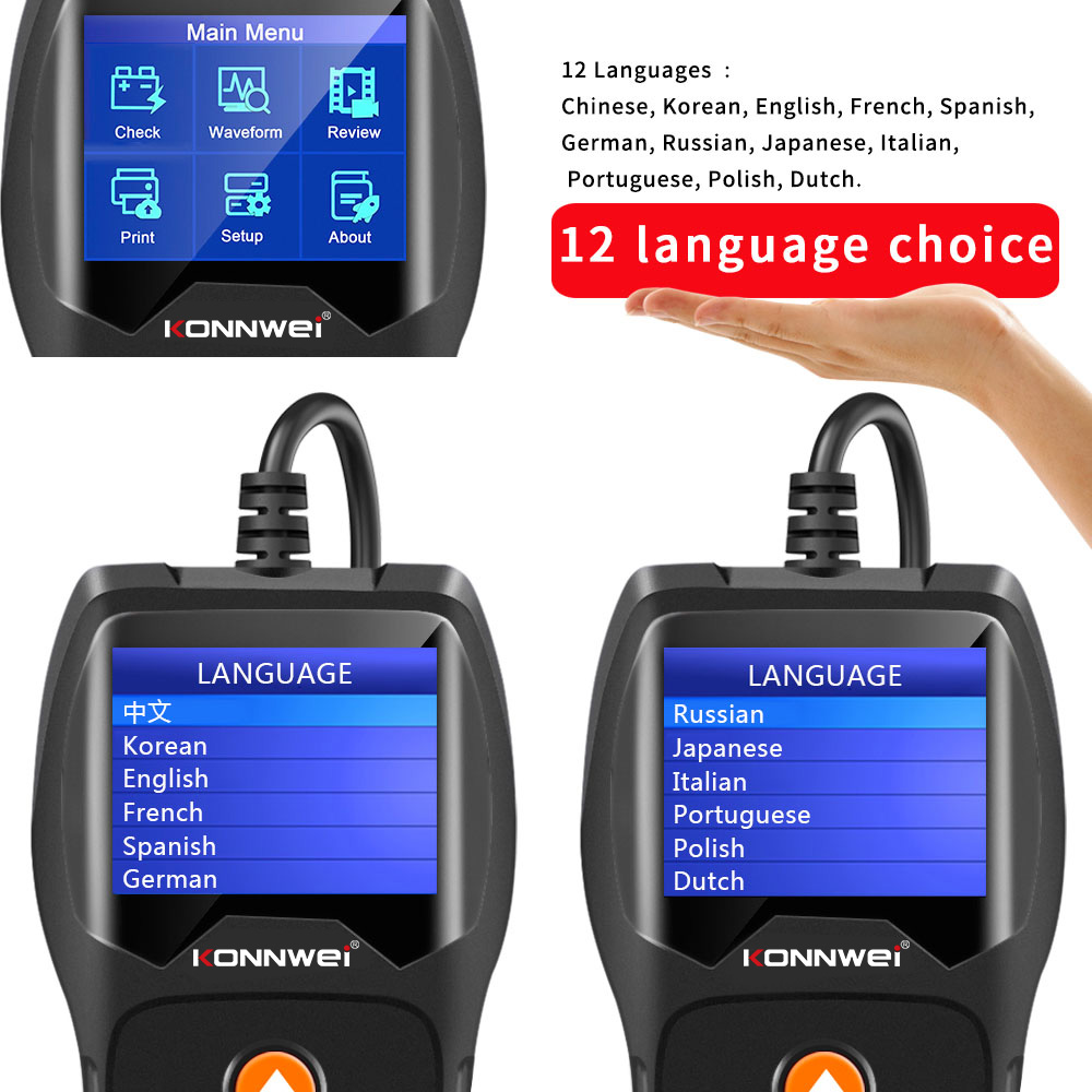 KONNWEI KW600 Car Battery Tester 12V 100-2000CCA 12V Battery Tool Battery Health/Faults 12V Digital Color Screen Auto Diagnostic