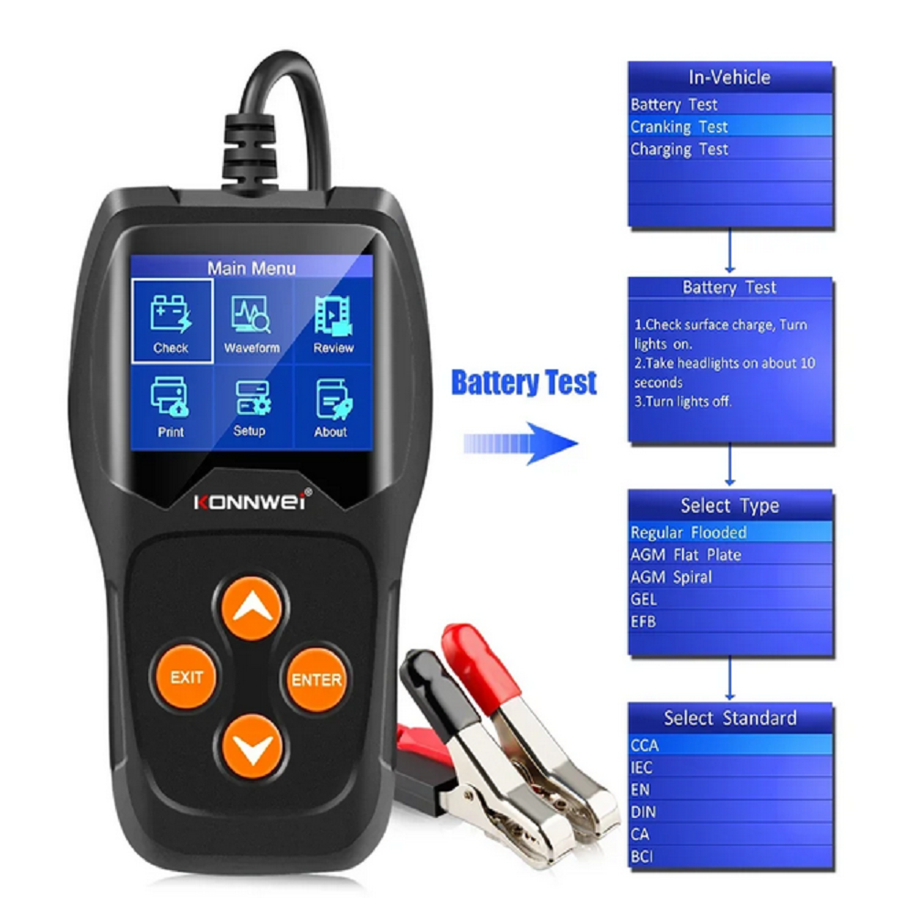 KONNWEI KW600 Car Battery Tester 12V 100-2000CCA 12V Battery Tool Battery Health/Faults 12V Digital Color Screen Auto Diagnostic