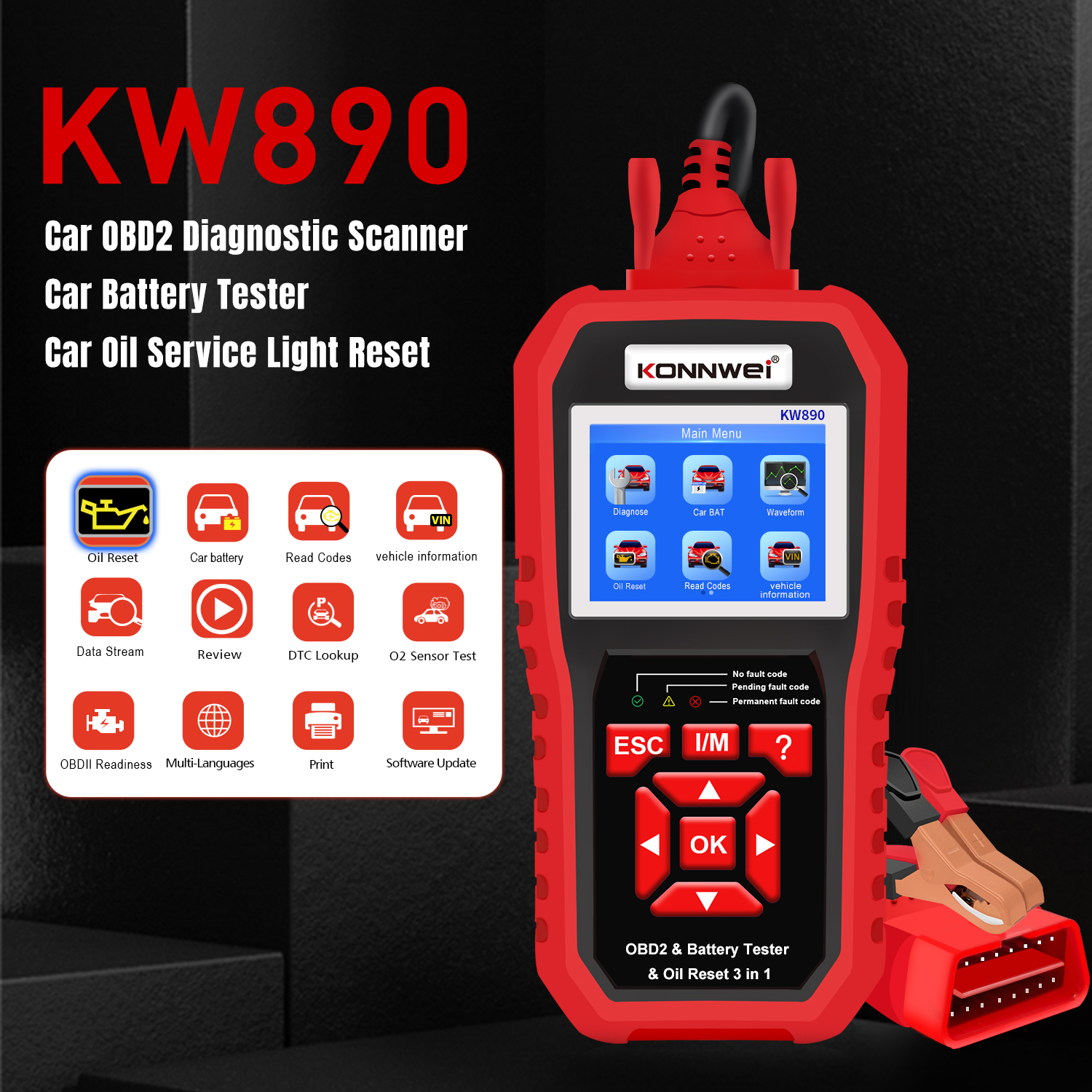 KONNWEI KW890 Oil Reset OBD2 Scanner Car Professional Battery Tester Analyzer Engine Check Automotive Code Reader Diagnose Tool
