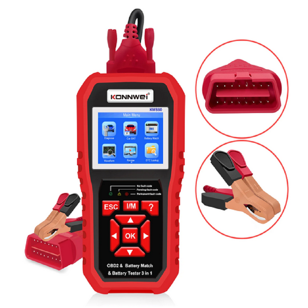 KONNWEI KW880 12V Car Battery Tester Analizer Auto Diagnostic Tool Battery Match 3 in 1 Car OBD2 Scanner Full OBD2 Function