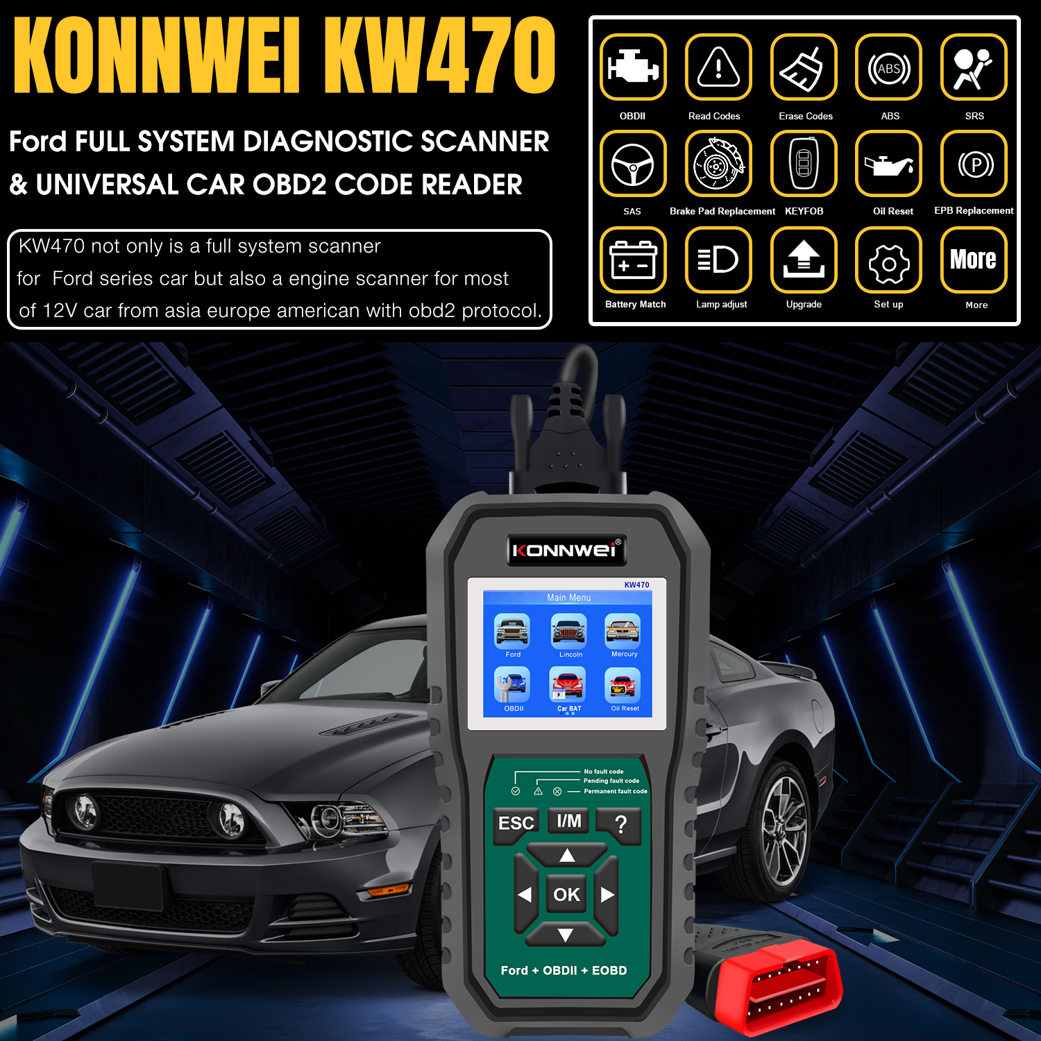 KONNWEI KW470 OBD2 Battery Tester Diagnostic Scanner Code Reader OBD 2 Functions Replacement for ABS SRS Oil/SAS/BMS Reset Tool