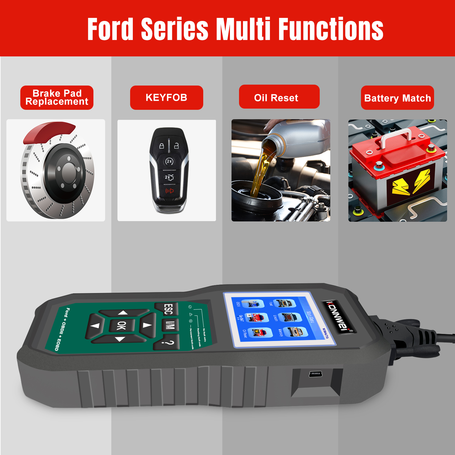 KONNWEI KW470 OBD2 Battery Tester Diagnostic Scanner Code Reader OBD 2 Functions Replacement for ABS SRS Oil/SAS/BMS Reset Tool