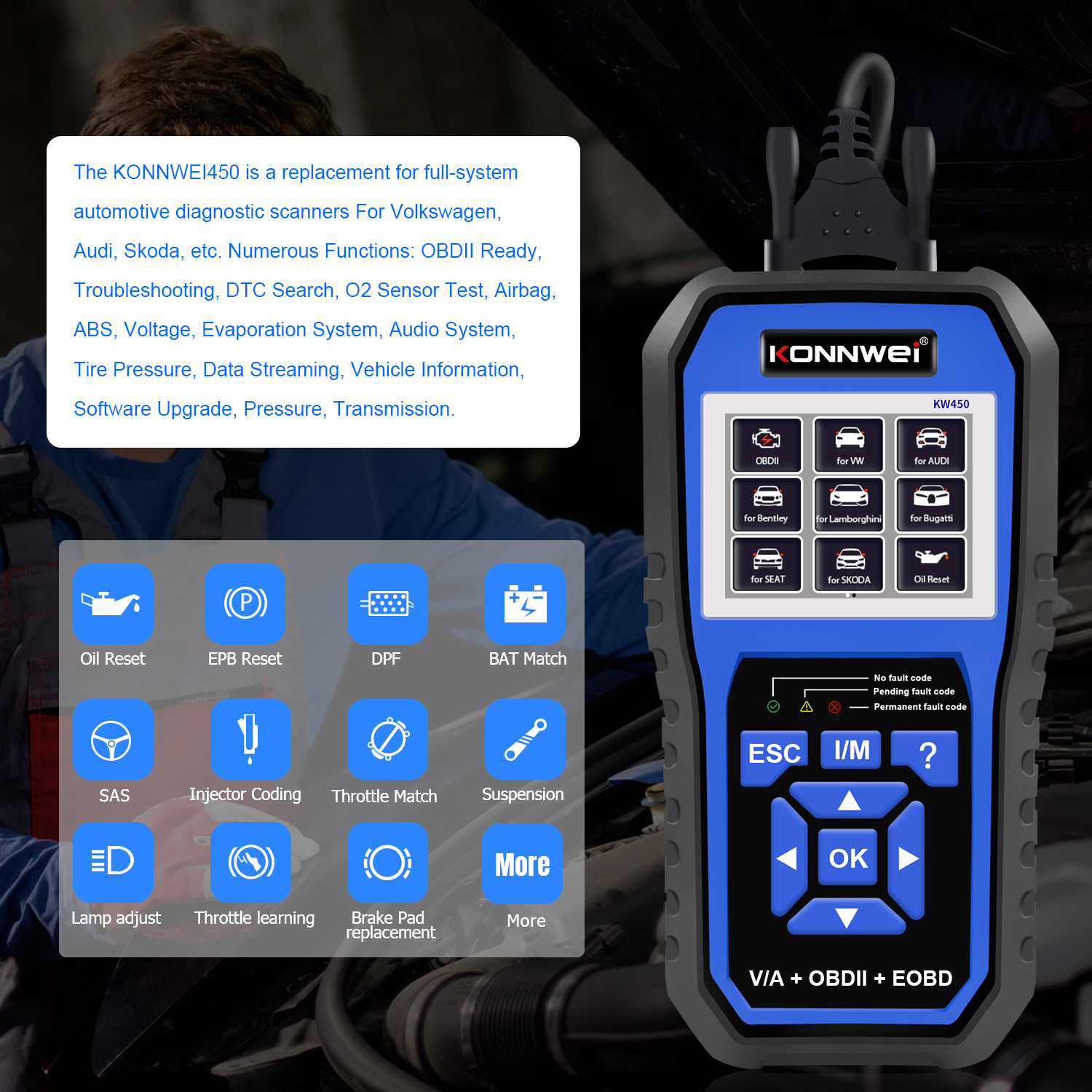 KONNWEI KW450 All Systems Car OBD2 Diagnostic Tool for VAG for VW for Audi ABS Airbag Oil ABS EPB DPF SRS TPMS Reset Scanner