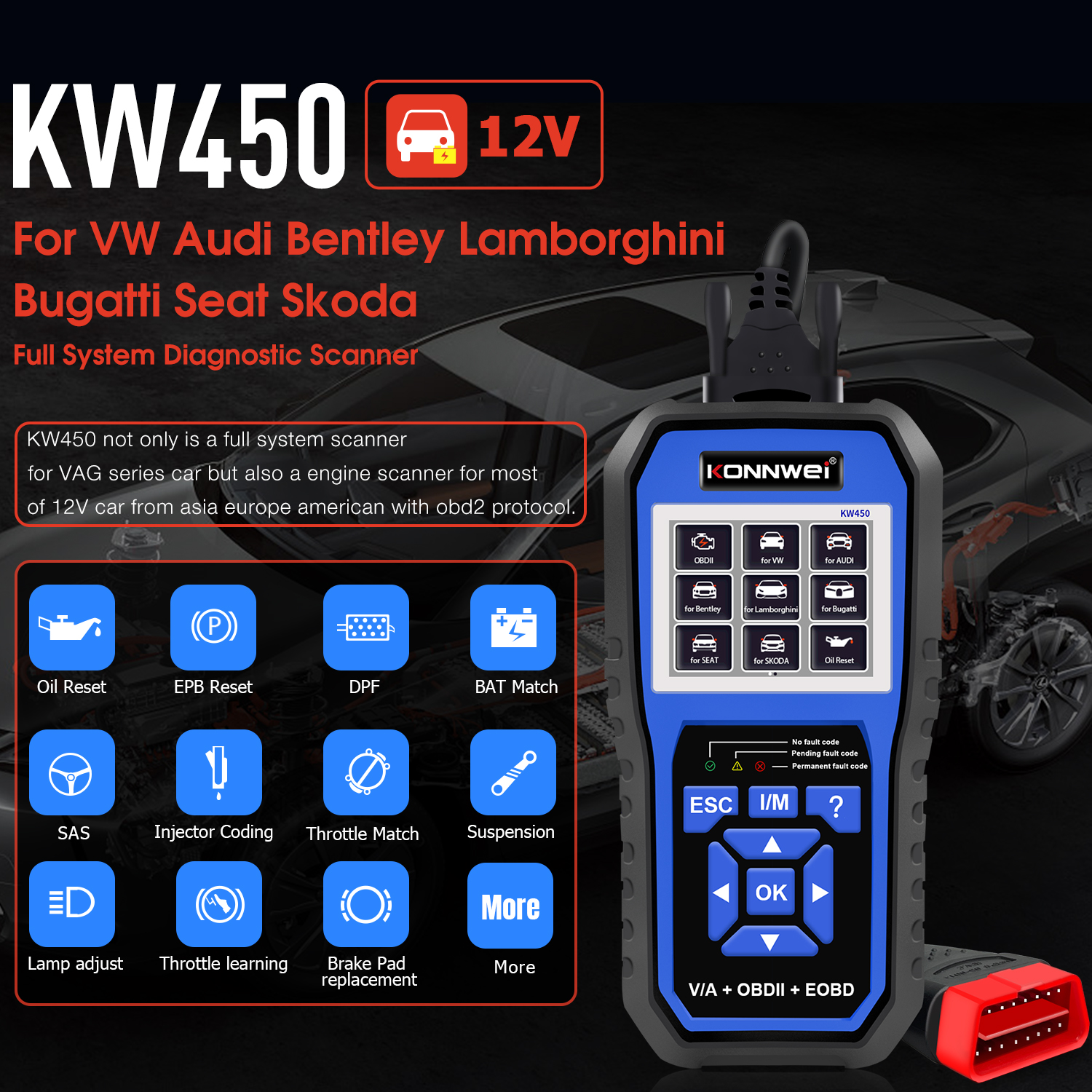 KONNWEI KW450 All Systems Car OBD2 Diagnostic Tool for VAG for VW for Audi ABS Airbag Oil ABS EPB DPF SRS TPMS Reset Scanner