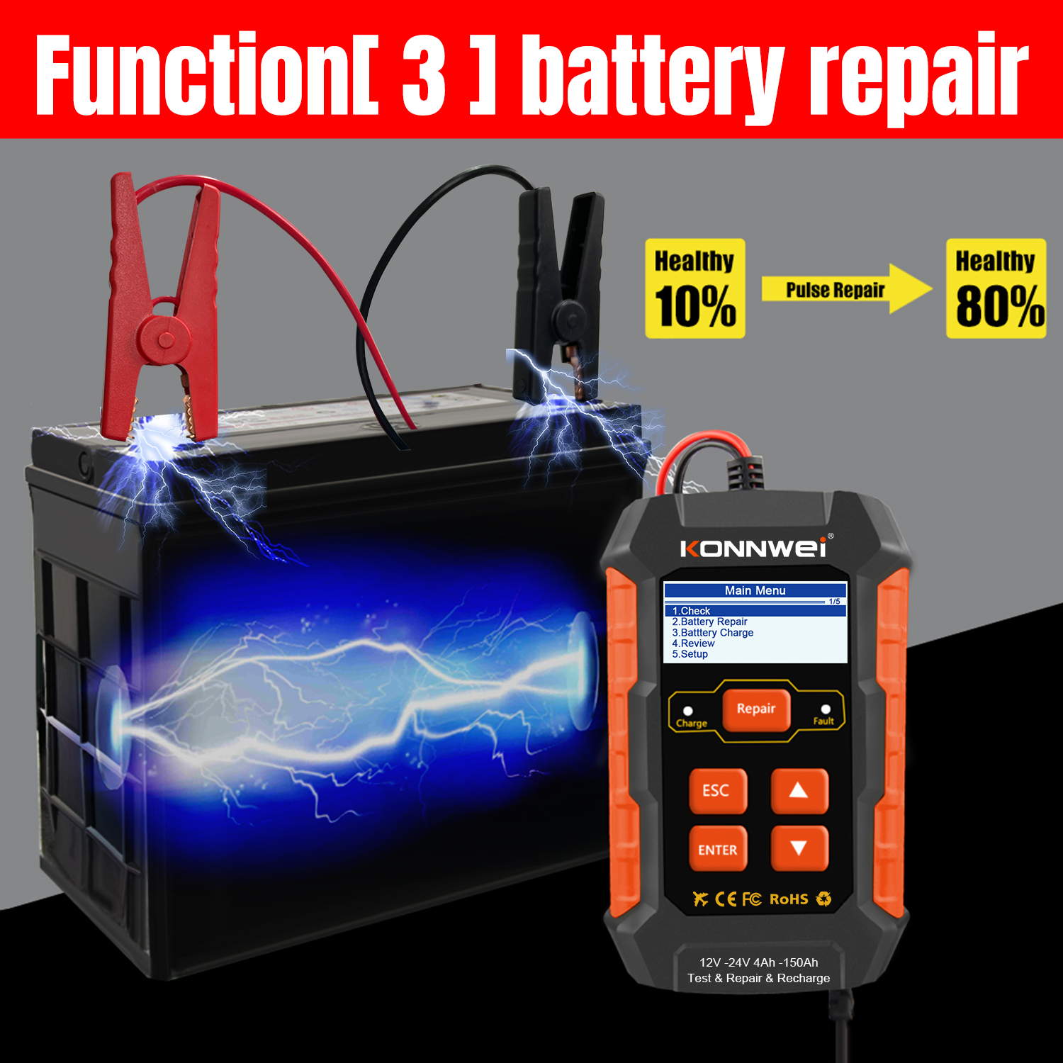 KONNWEI KW520 Battery Tester 12V 10A & 24V 5A  4Ah-150Ah   Battery tester & Battery Repair & Battery Recharger 3 -in-one