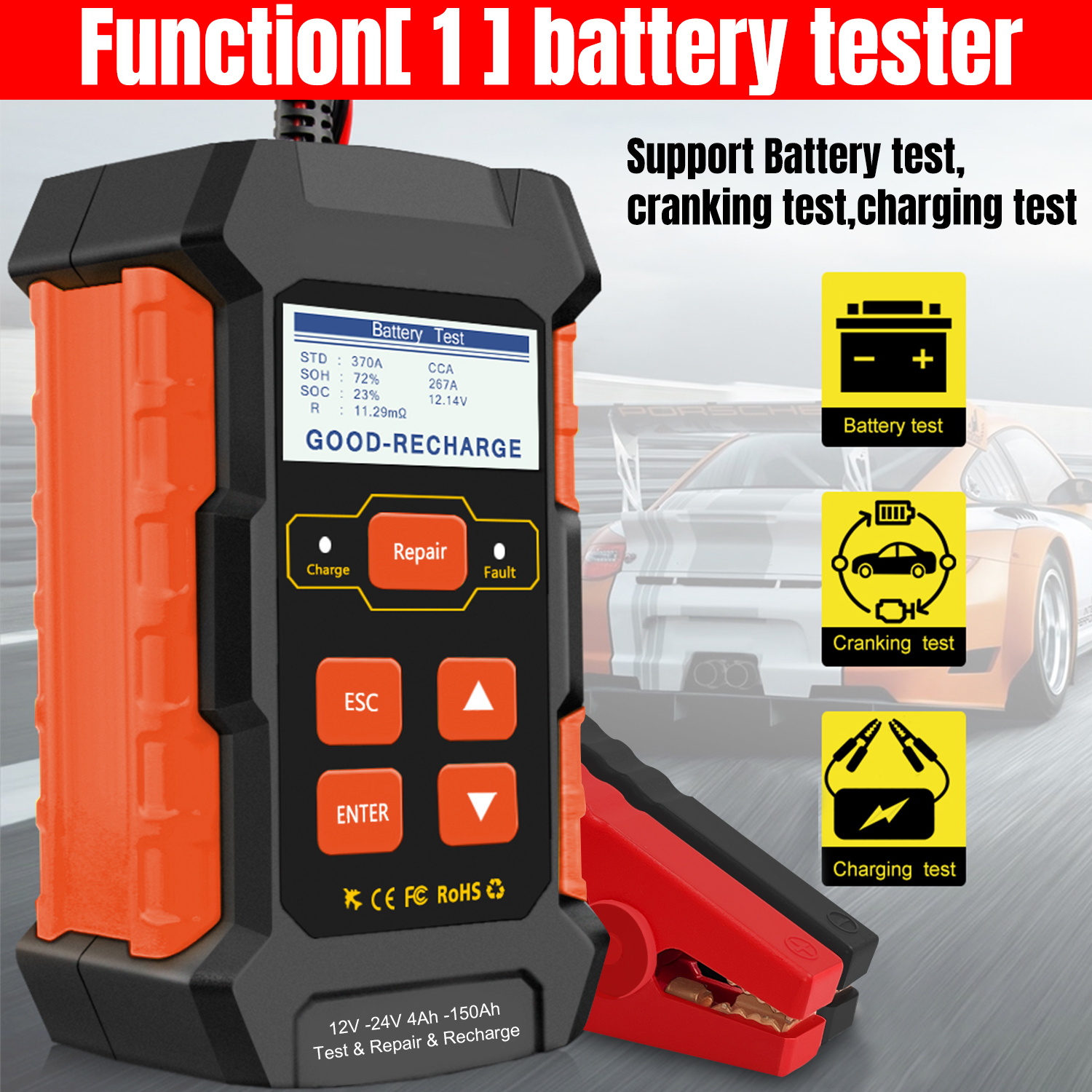 KONNWEI KW520 Battery Tester 12V 10A & 24V 5A  4Ah-150Ah   Battery tester & Battery Repair & Battery Recharger 3 -in-one