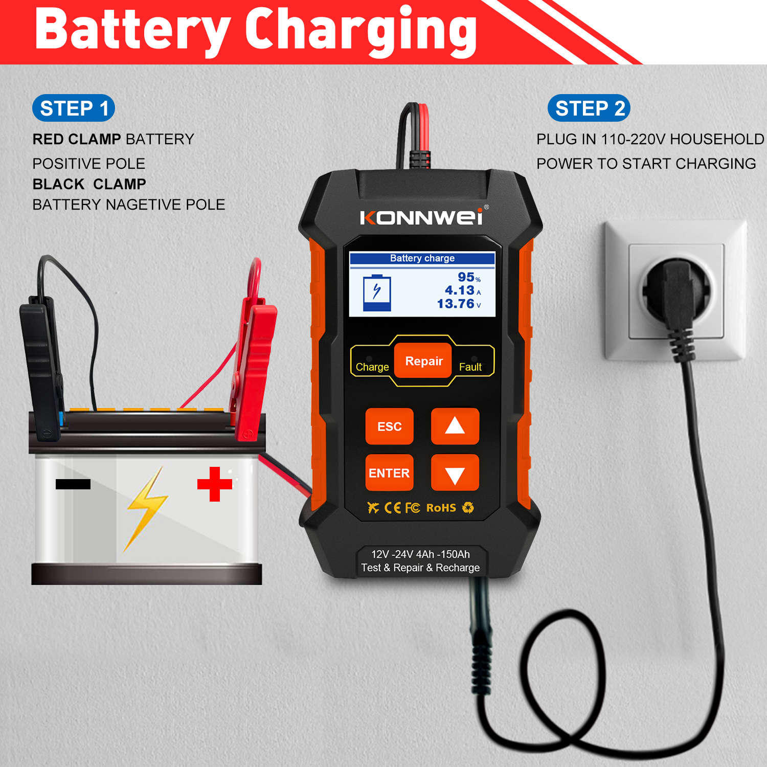 KONNWEI KW520 Battery Tester 12V 10A & 24V 5A  4Ah-150Ah   Battery tester & Battery Repair & Battery Recharger 3 -in-one
