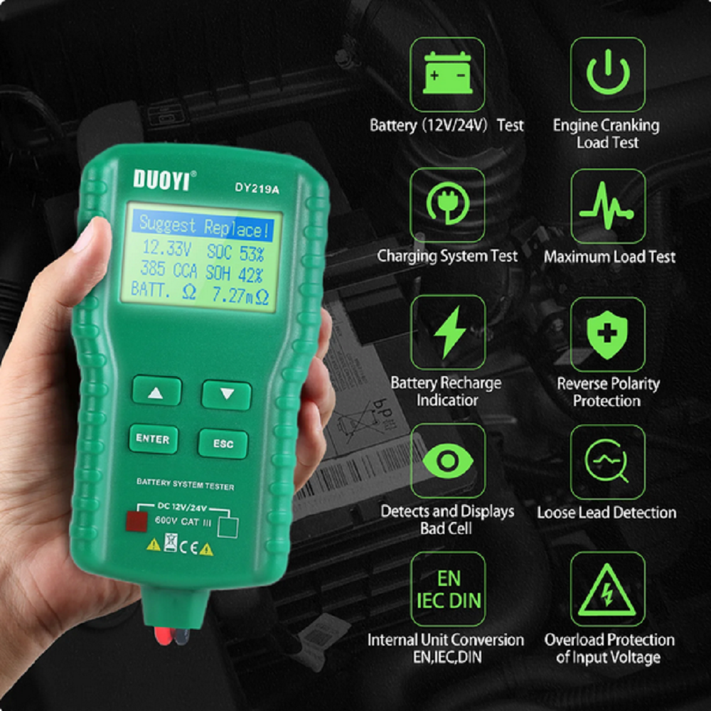 5Pcs/lot DUOYI DY219A 12V 24V Digital Battery Tester Automotive AH 100-1000CCA Voltage Battery Analyzer Load Multifunction Diagnostic Tool Car Battery Charger Tester