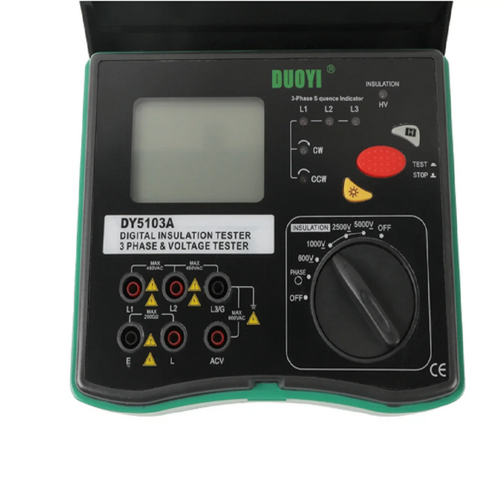 DUOYI DY5103A Digital 5kV Multi-Function Tester (3 in 1) Digital Resistance Tester Ohm Meter Earth Ground Tester Megger Megohmmeter Multimeter 1000V Voltmeter AC 600V