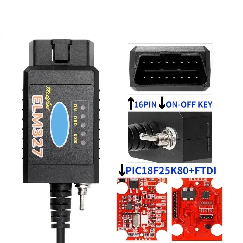 10Pcs/lot  ELM327 USB FTDI PIC18F25K80 Chip ELM config Code Reader OBDII Diagnostic Tool For Ford Support MS CAN Bus And HS CAN Bus 