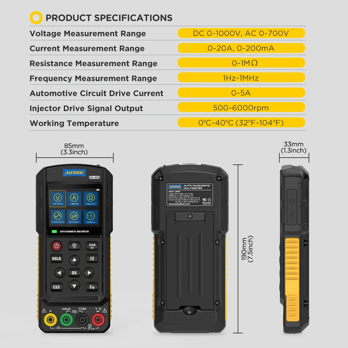 AUTOOL DM303 Auto Diagnostic Multimeter Car Circuit Tester with K/CAN/Oscilloscope/Cranking/Analog Signal/Injector/Relay Test