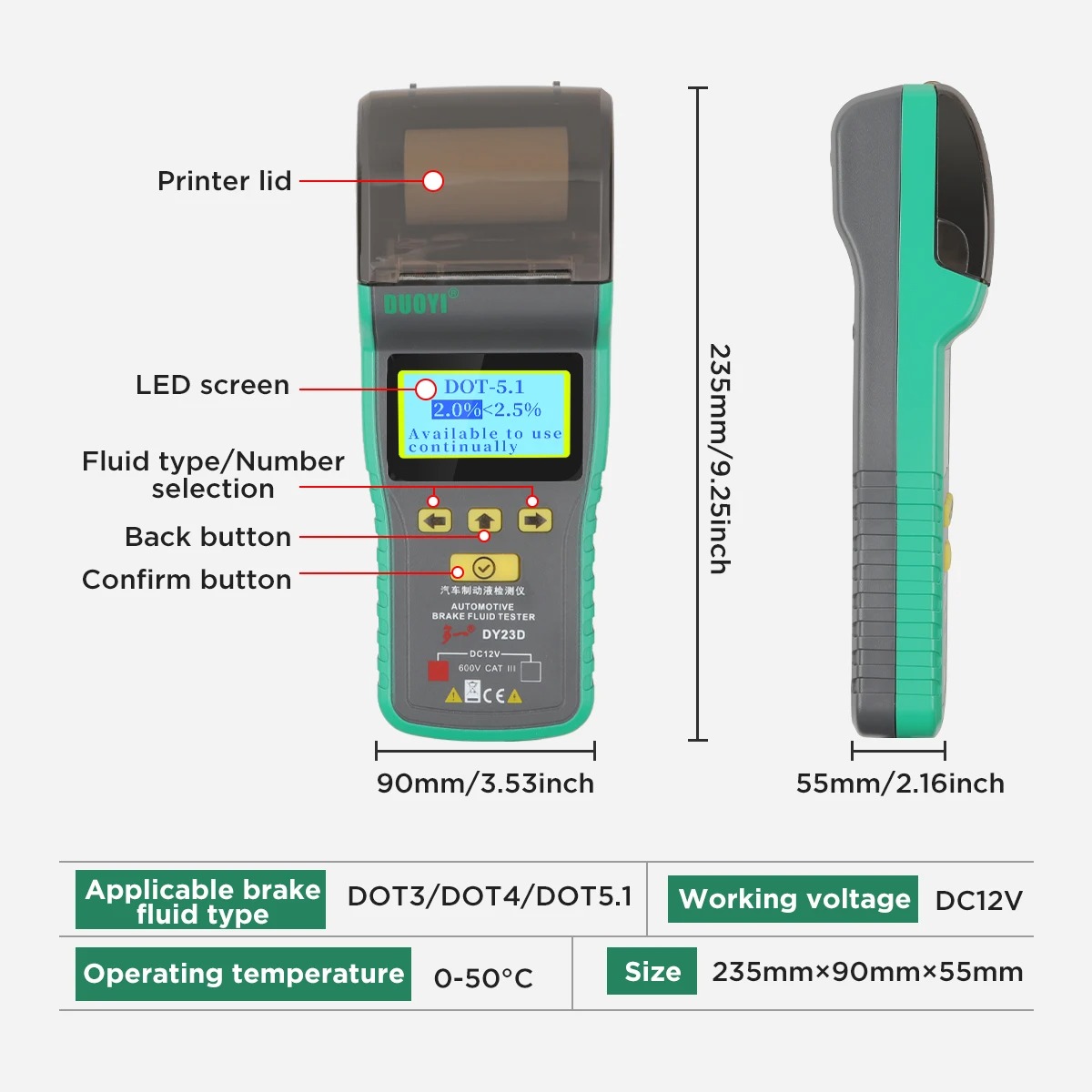 DUOYI DY23D Car Brake Fluid Tester with a Printer For DOT3/ DOT4/ DOT5.1 Brake Fluid meter LCD Display Printing Brake Fluid Oil Tester