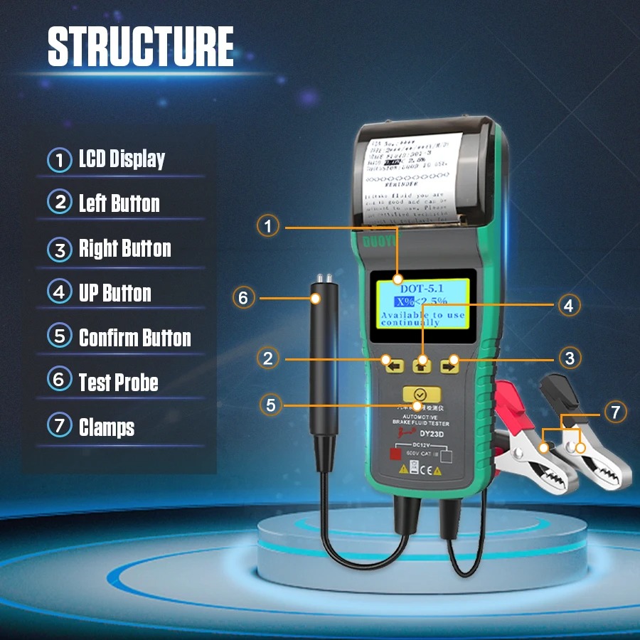 DUOYI DY23D Car Brake Fluid Tester with a Printer For DOT3/ DOT4/ DOT5.1 Brake Fluid meter LCD Display Printing Brake Fluid Oil Tester