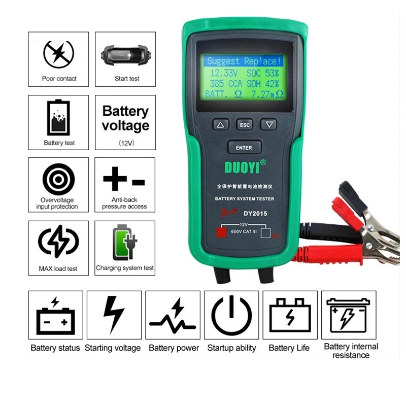 DUOYI DY2015 12V Car Motorcycle Battery Tester Analyzer CCA Capacity Electronic Load Battery Charge Cranking Test Tools