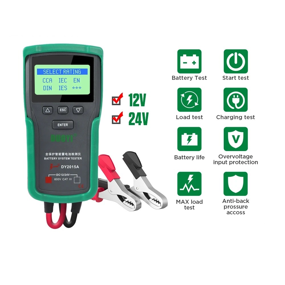 DUOYI DY2015A 12V&24V Car Battery Tester Digital Auto Load AC Battery Tool Automotive Starting Type Lead-acid Batteries Analyzer
