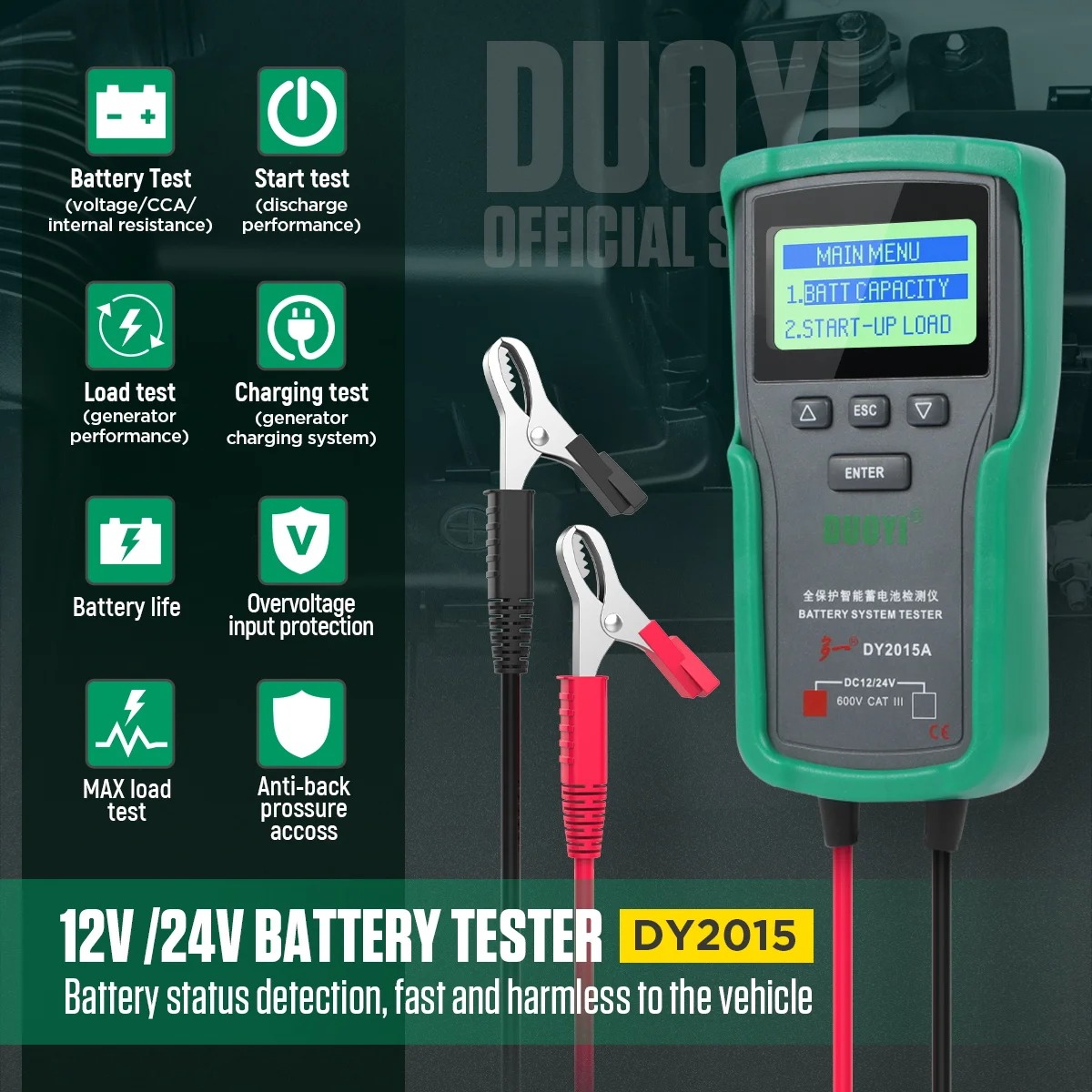 DUOYI DY2015A 12V&24V Car Battery Tester Digital Auto Load AC Battery Tool Automotive Starting Type Lead-acid Batteries Analyzer