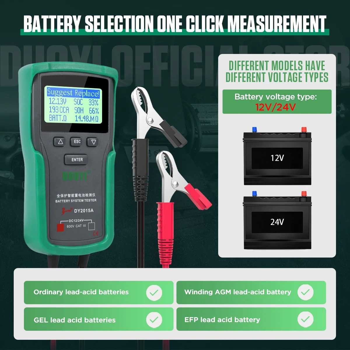 DUOYI DY2015A 12V&24V Car Battery Tester Digital Auto Load AC Battery Tool Automotive Starting Type Lead-acid Batteries Analyzer