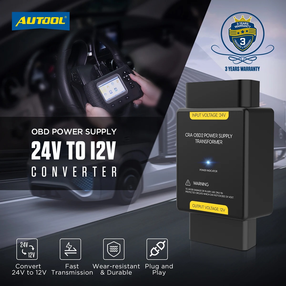 10Pcs/lot Autool Converter Adapter Convert 24v to 12v OBDII Adapter Connector Input Voltage 24v to 12v Output Voltage Car OBD2 Power Supply Transformer 