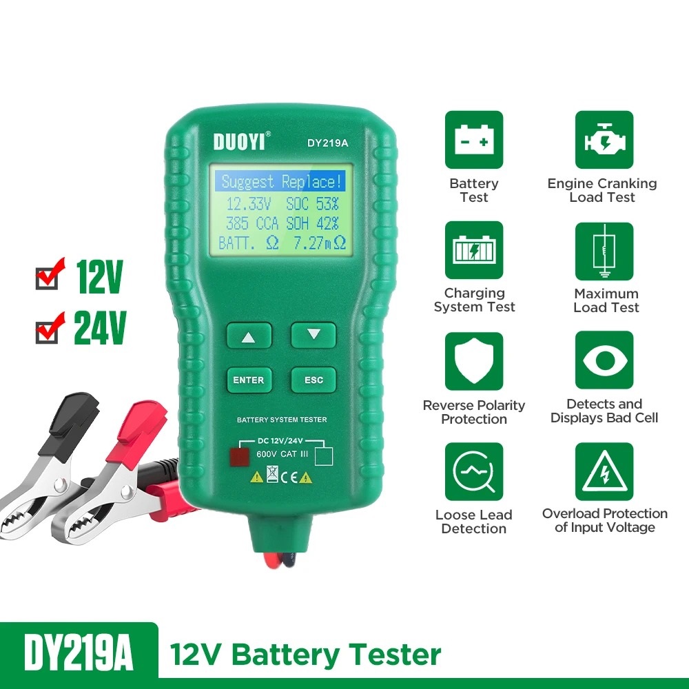 5Pcs/lot DUOYI DY219A 12V 24V Digital Battery Tester Automotive AH 100-1000CCA Voltage Battery Analyzer Load Multifunction Diagnostic Tool Car Battery Charger Tester