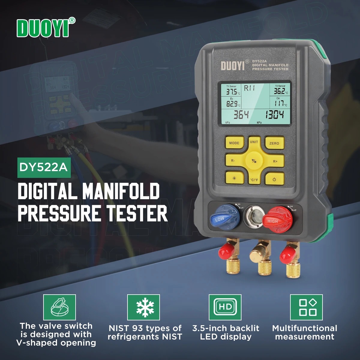 DUOYI DY522A Digital Manifold Meter Air Conditioning Vacuum Gauge for Refrigeration HVAC Vacuum Pressure Temperature Tester Set