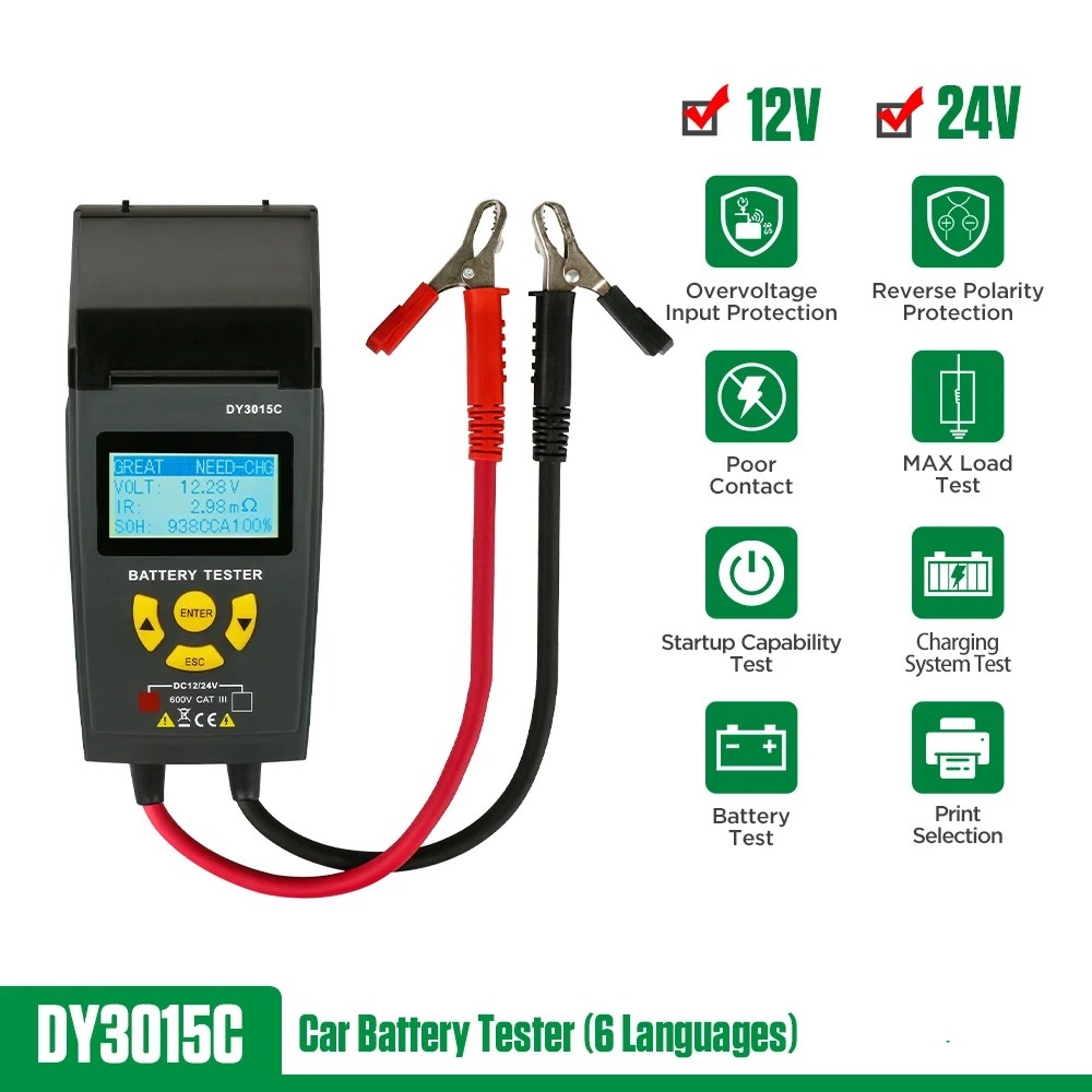 DUOYI DY3015C 12V/24V Car Battery Tester Automotive Battery Analyzer CCA With Printer Cranking Charging Tester Auto Vehicle Repair Test Tool