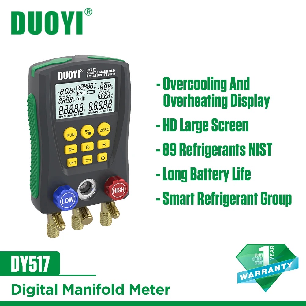 DUOYI DY517 Pressure Gauge Refrigeration HVAC Air Conditioning Manifold Digital Vacuum Temperature Meter Tester For Car House