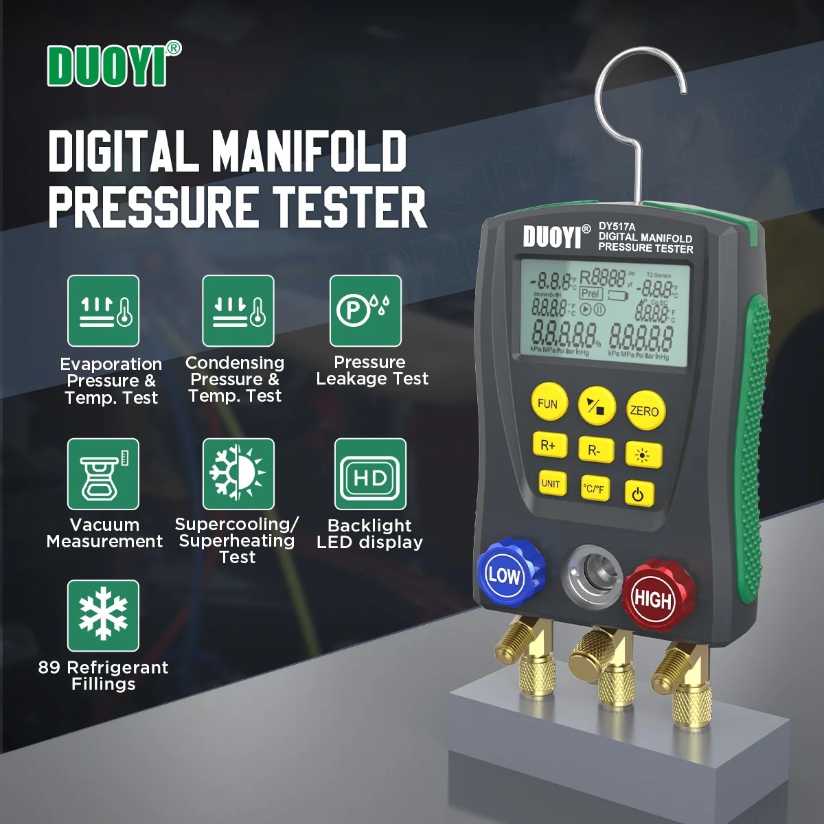 DUOYI DY517 Pressure Gauge Refrigeration HVAC Air Conditioning Manifold Digital Vacuum Temperature Meter Tester For Car House