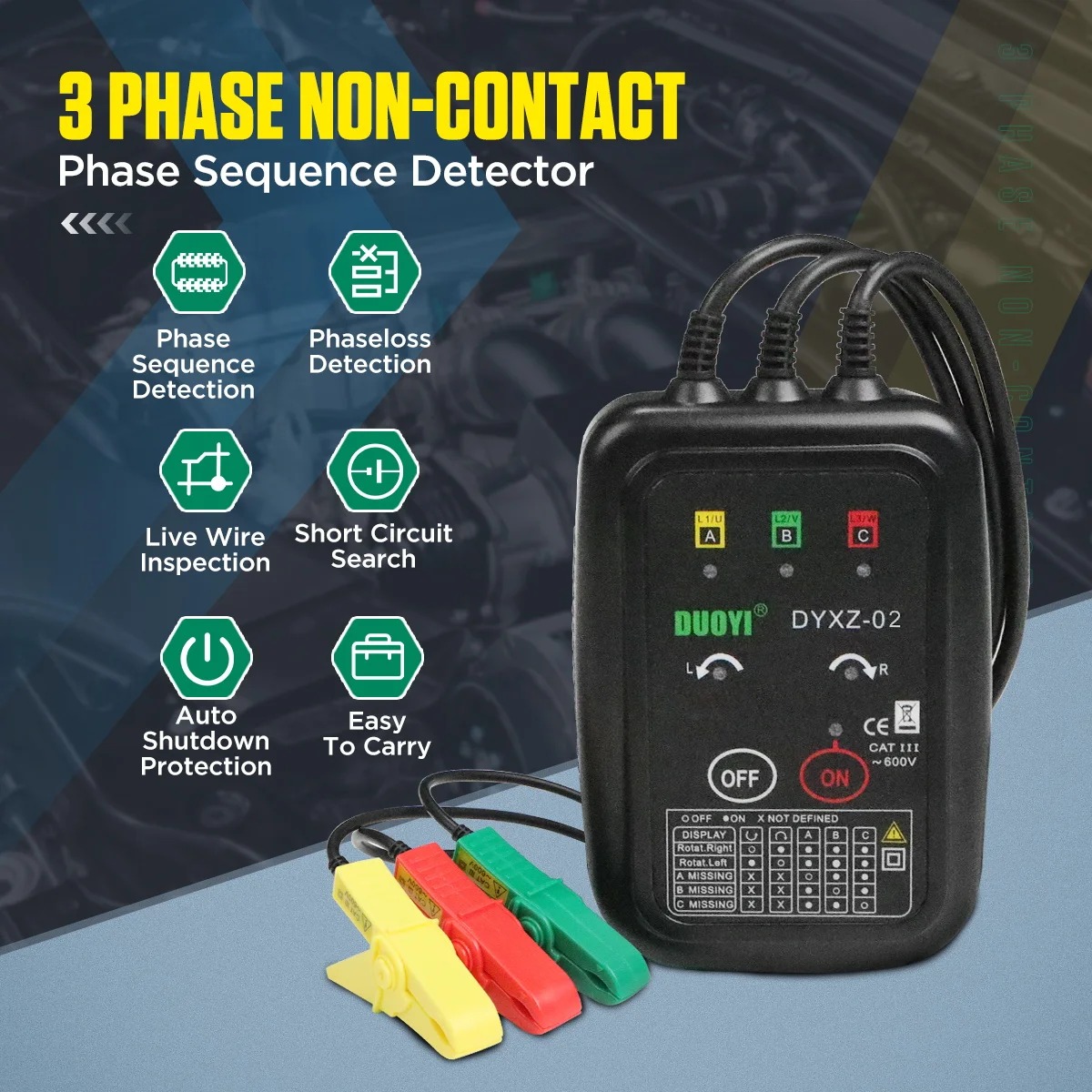 DUOYI DYXZ-02 Non-Contact Phase and Motor Rotation Tester Sequence Detector Phase Meter 3 Phase Circuit Tester Detector Detector Meter LED Display
