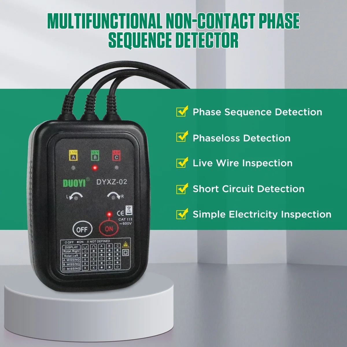 DUOYI DYXZ-02 Non-Contact Phase and Motor Rotation Tester Sequence Detector Phase Meter 3 Phase Circuit Tester Detector Detector Meter LED Display